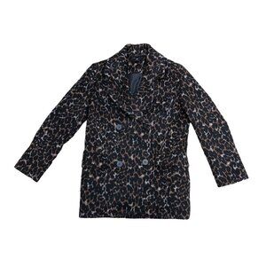 H&M Fleece Coat Jacket Women's 2 Cheetah Print Pea Wool Blend Brown Long Sleeve﻿